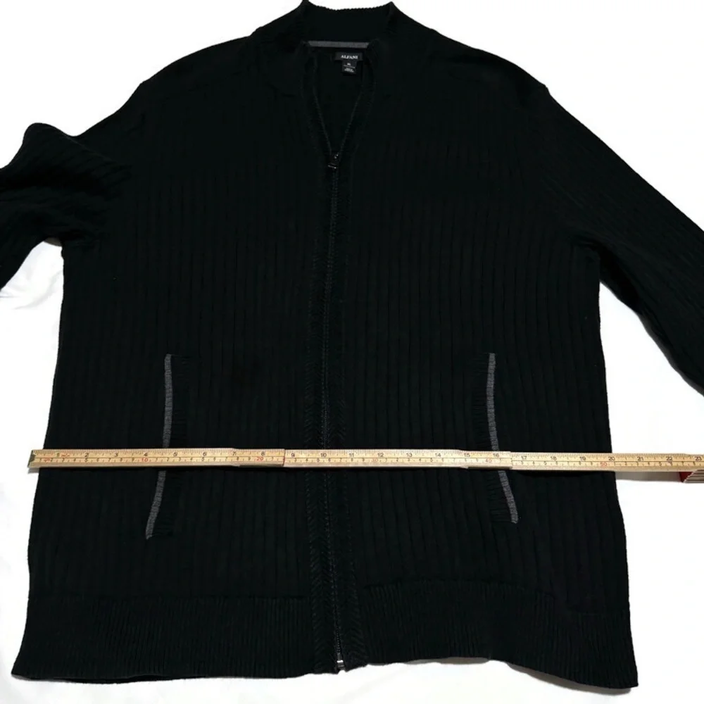 ALFANI RIBBED FULL ZIP BLACK COTTON MEN’S CARDIGAN SWEATER